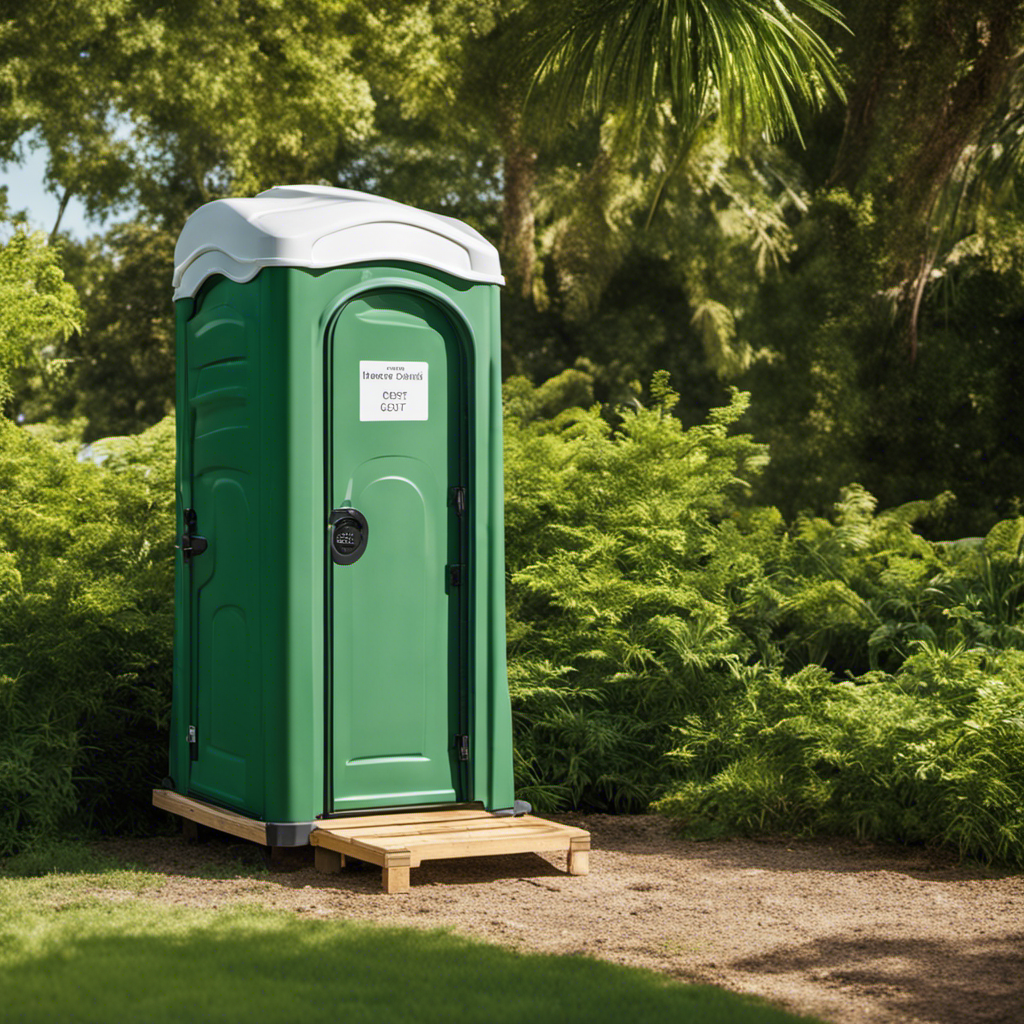 An image of a portable toilet placed in a green outdoor setting, with clear pricing displayed on a sign next to it