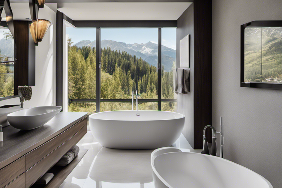 An image that showcases a spacious, pristine bathroom with a modern, freestanding bathtub