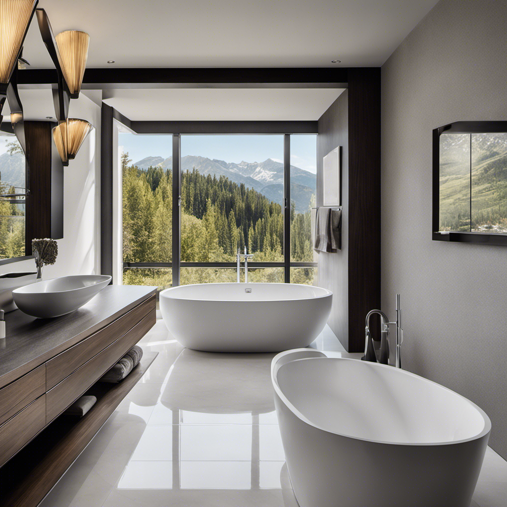 An image that showcases a spacious, pristine bathroom with a modern, freestanding bathtub