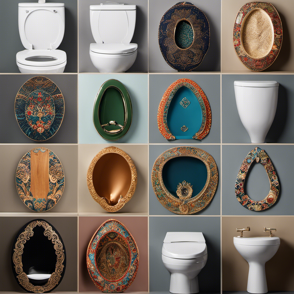 An image showcasing a variety of toilet seats, ranging from basic to luxurious, displayed on a shelf