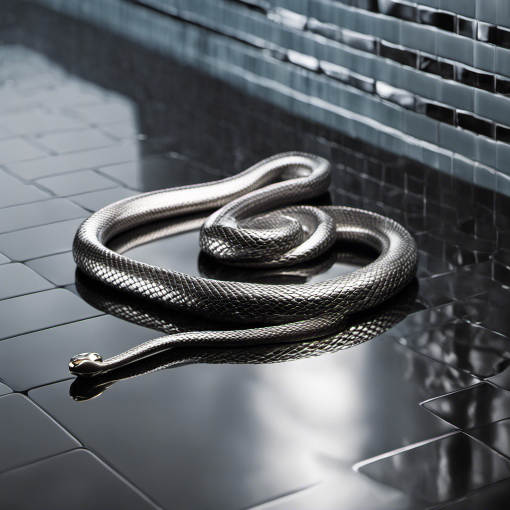 An image that showcases a close-up view of a shiny, stainless steel toilet snake, coiled neatly on a tiled bathroom floor, with droplets of water glistening on its surface, hinting at its purpose and value