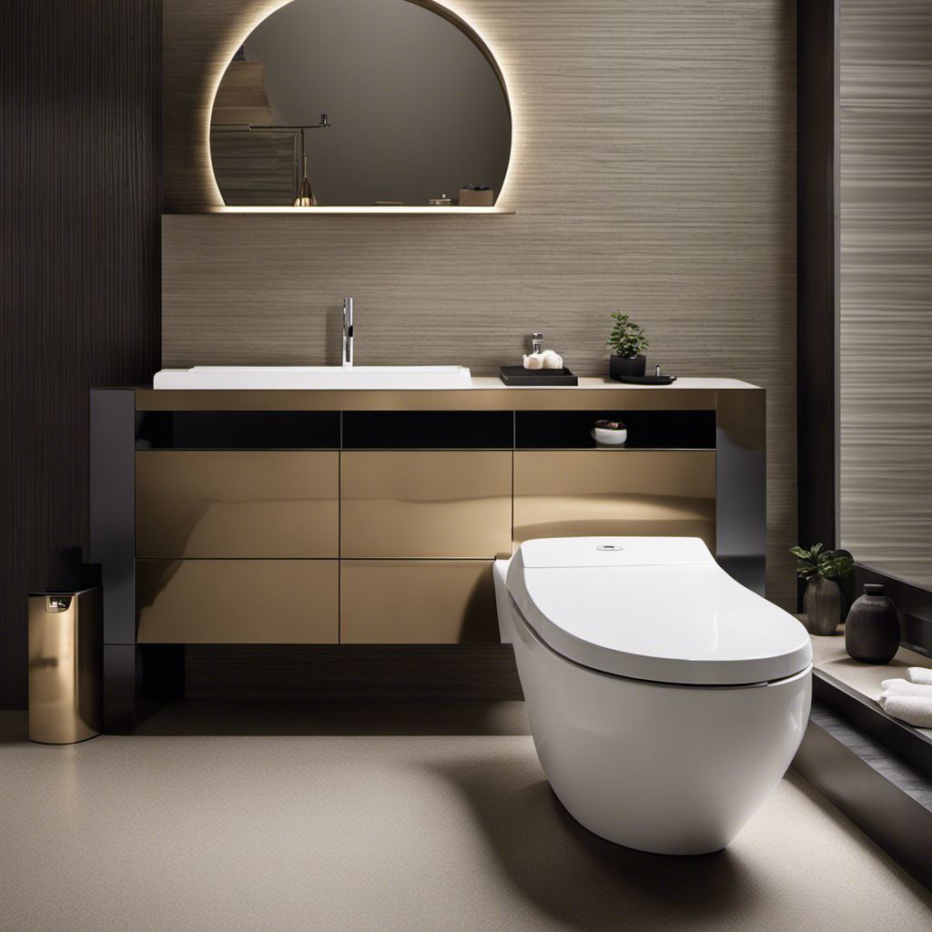 An image showcasing a modern bathroom with a sleek Toto toilet as the centerpiece