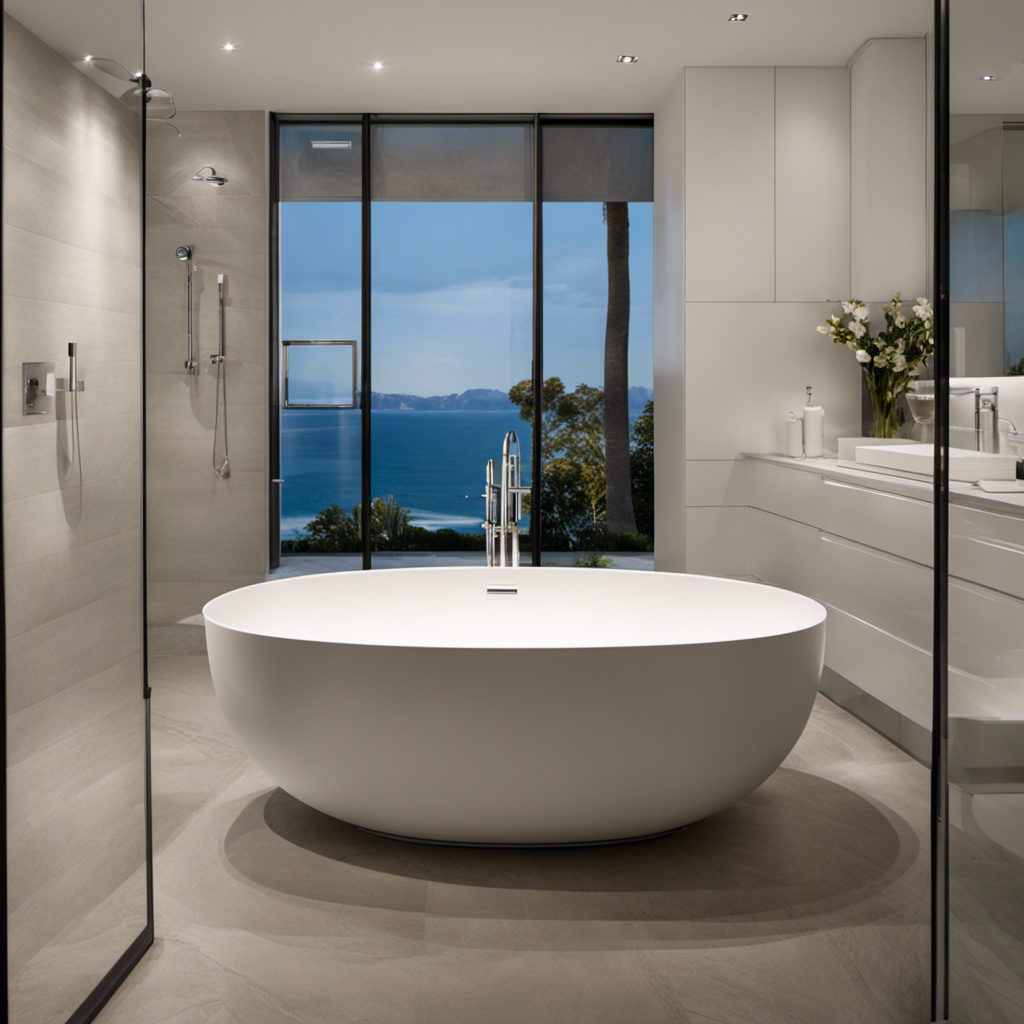 An image showcasing a professional plumber in action, meticulously installing a sleek, white freestanding bathtub in a modern bathroom