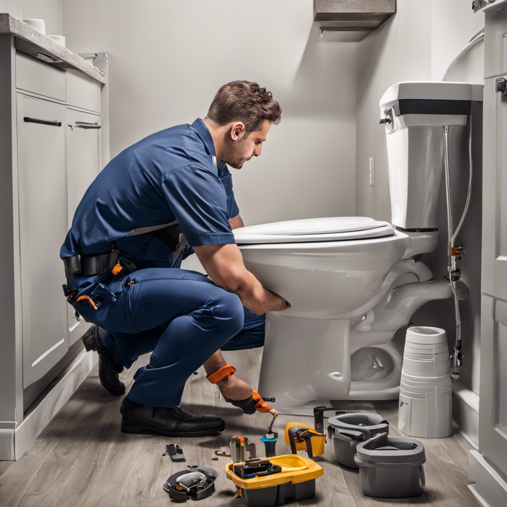 An image featuring a professional plumber kneeling on the floor, carefully installing a brand-new modern toilet