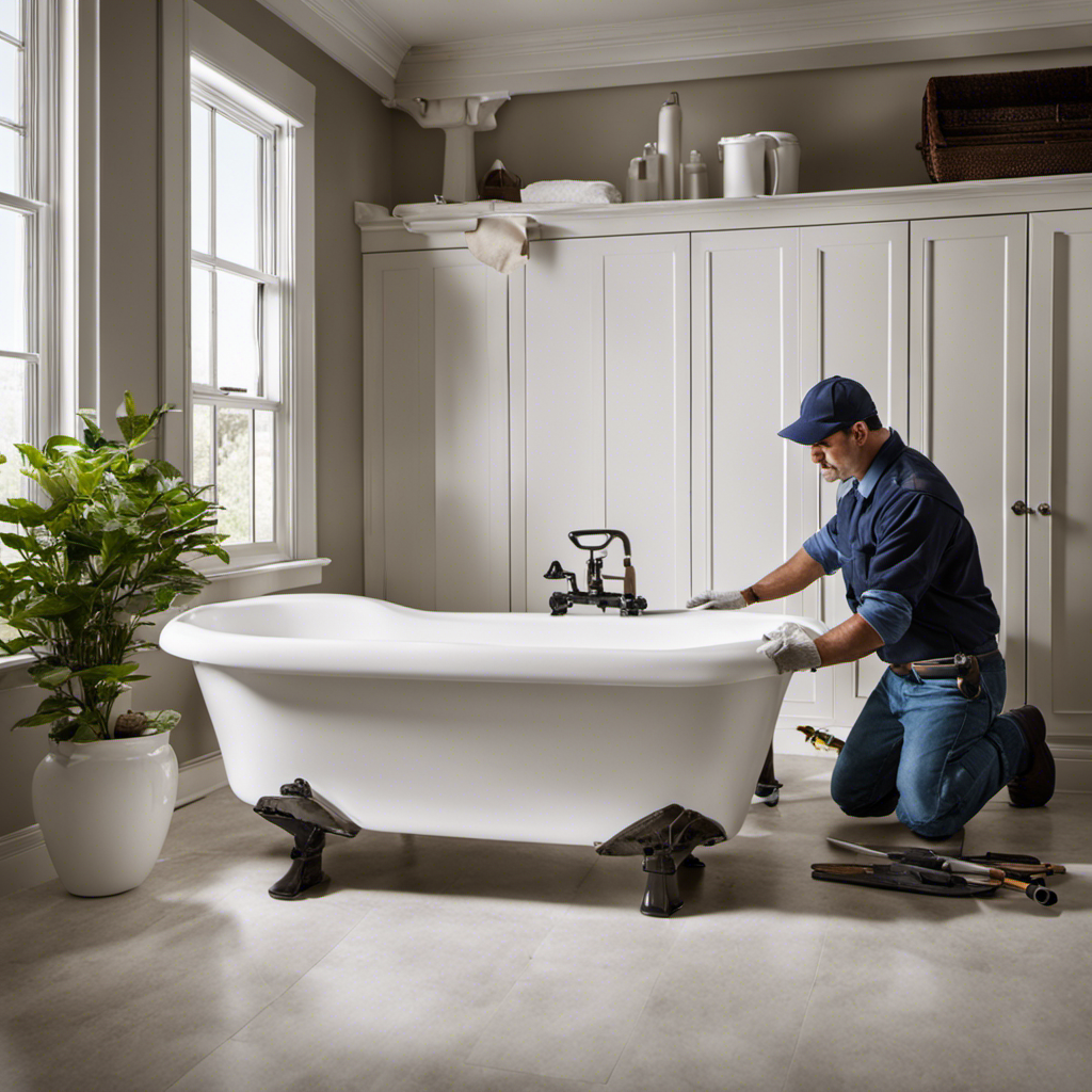 An image showcasing a professional plumber removing an old bathtub, revealing a pristine white tub waiting to be installed