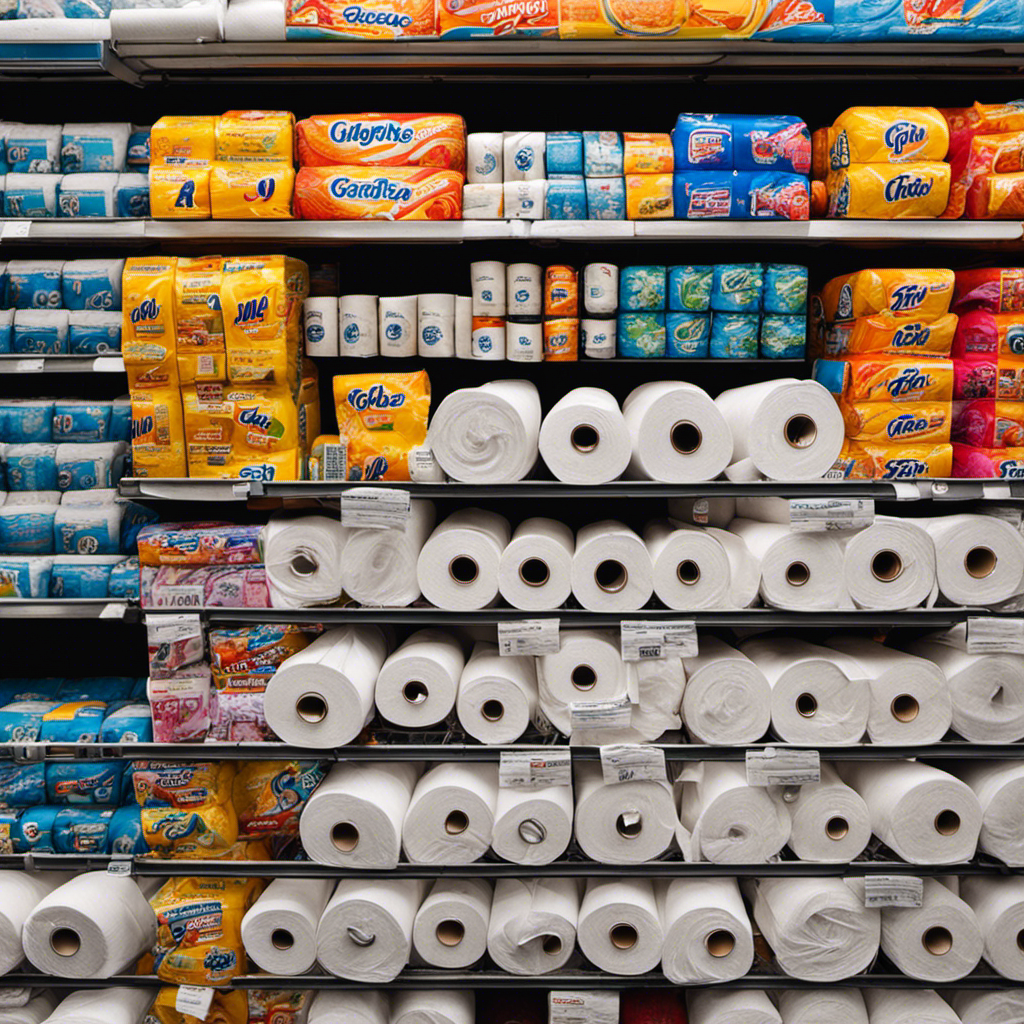 An image capturing a close-up of a shopping cart filled with various brands of toilet paper, showcasing their prices, textures, and vibrant packaging, conveying the diversity and affordability of this essential household item