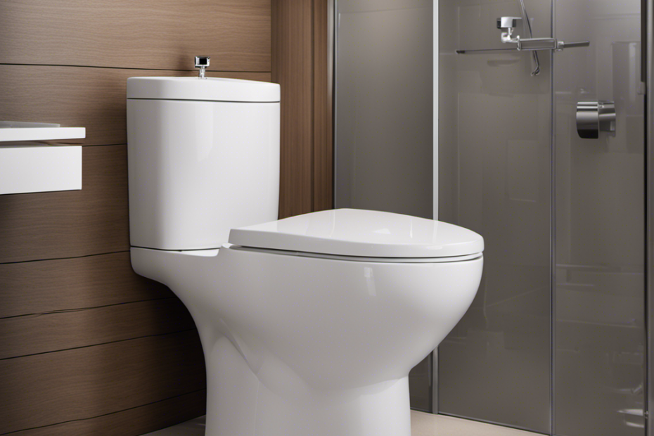 An image showcasing a professional plumber installing a sleek, modern toilet in a well-lit bathroom