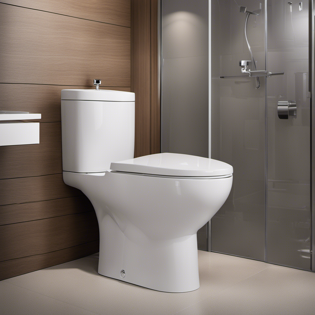 An image showcasing a professional plumber installing a sleek, modern toilet in a well-lit bathroom