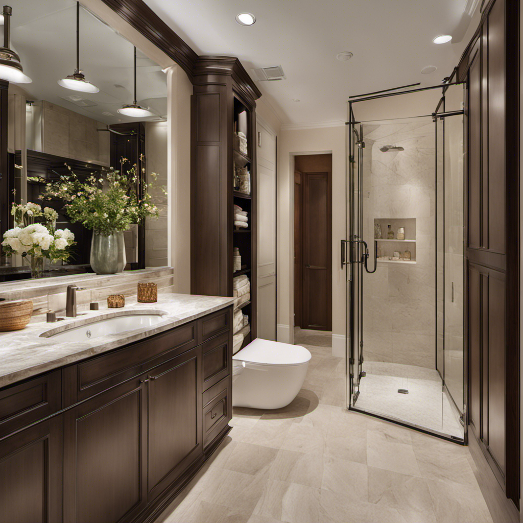An image showcasing a spacious bathroom with a toilet at its center, surrounded by ample floor space