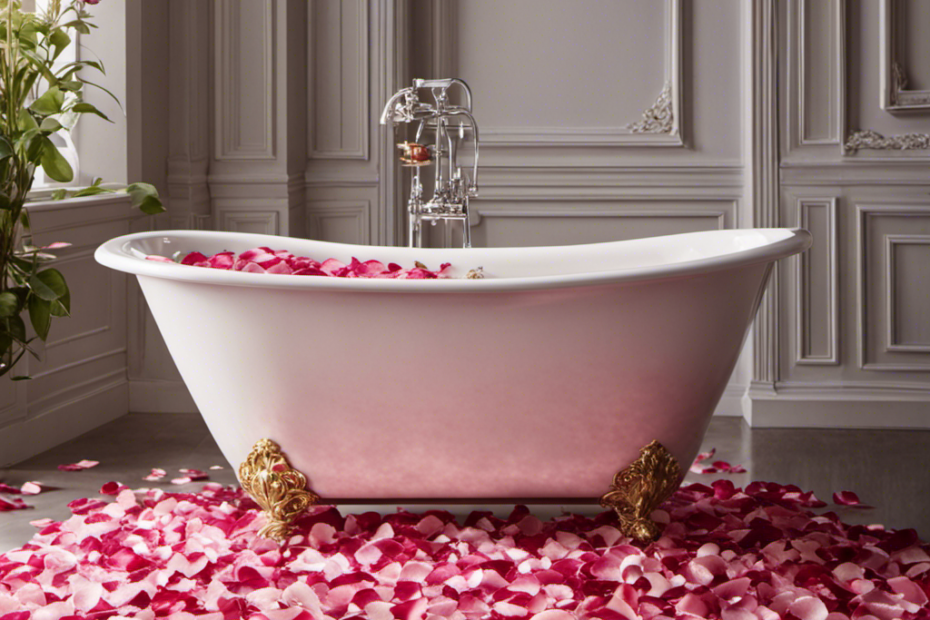 An image of a serene bathtub filled with crystal clear water, adorned with delicate rose petals