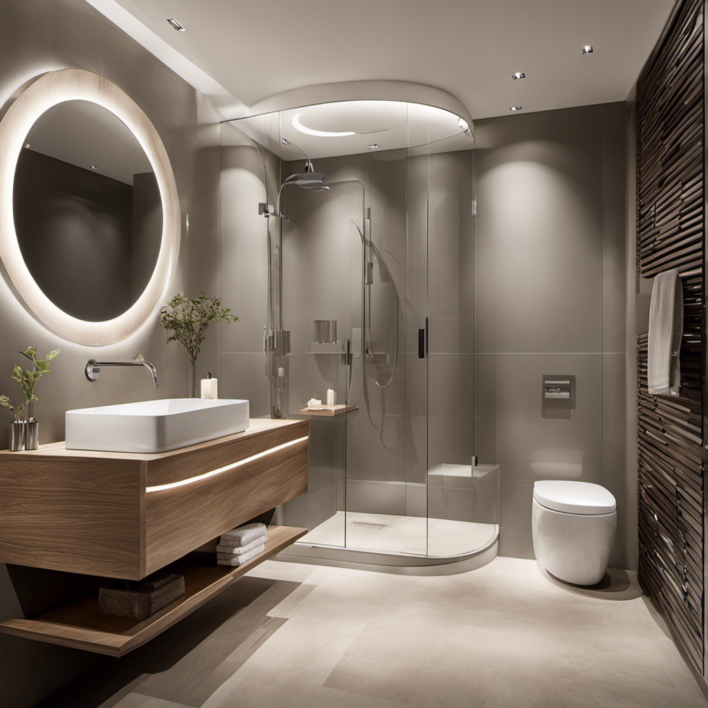An image depicting a well-lit bathroom with a toilet positioned centrally, showcasing ample space around it