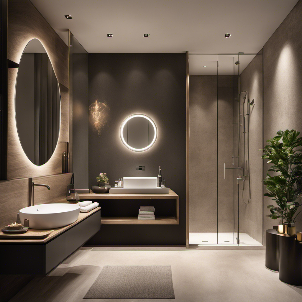 An image depicting a spacious, well-lit bathroom with ample floor space, showcasing a modern toilet positioned comfortably away from the walls, allowing for easy movement and a sense of openness
