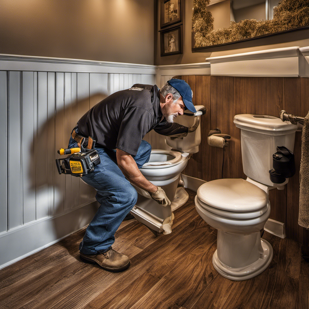 An image showcasing a contractor in the process of swapping out an old, stained toilet for a gleaming new one