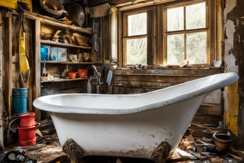 An image showcasing a worn-out bathtub, surrounded by scattered tools, measuring tapes, and debris