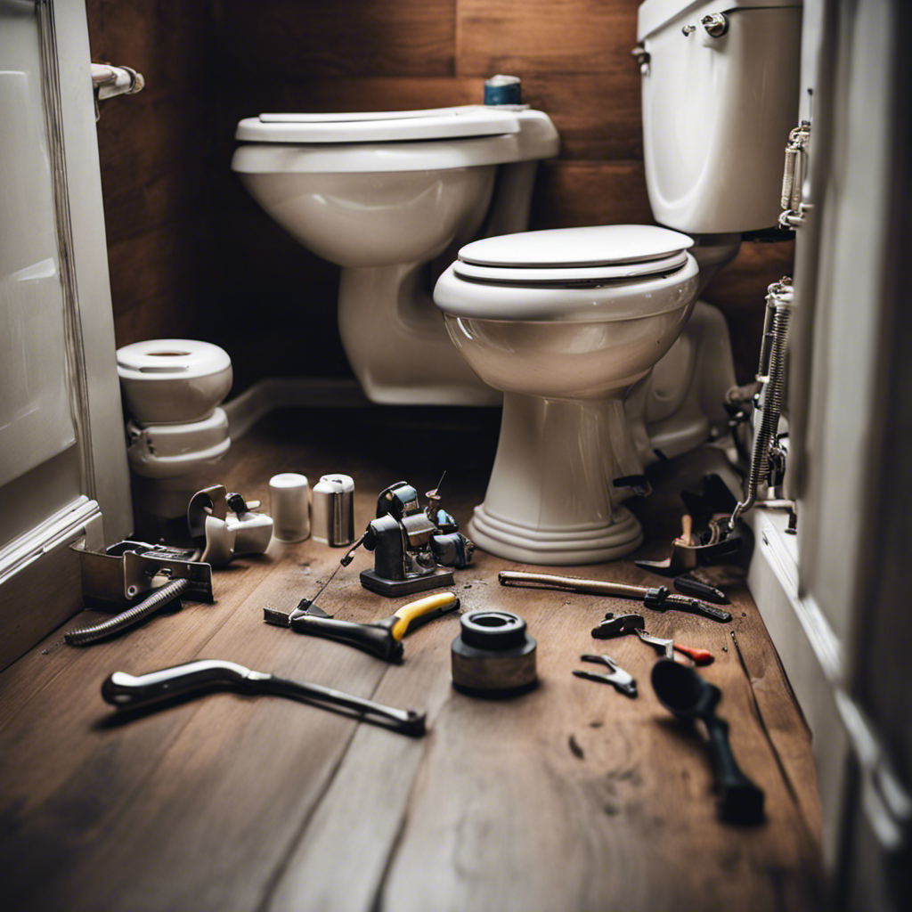 An image showcasing a close-up view of a plumber's hands skillfully disconnecting and removing an old toilet, with scattered tools nearby, revealing a clean, empty bathroom floor ready for a new installation