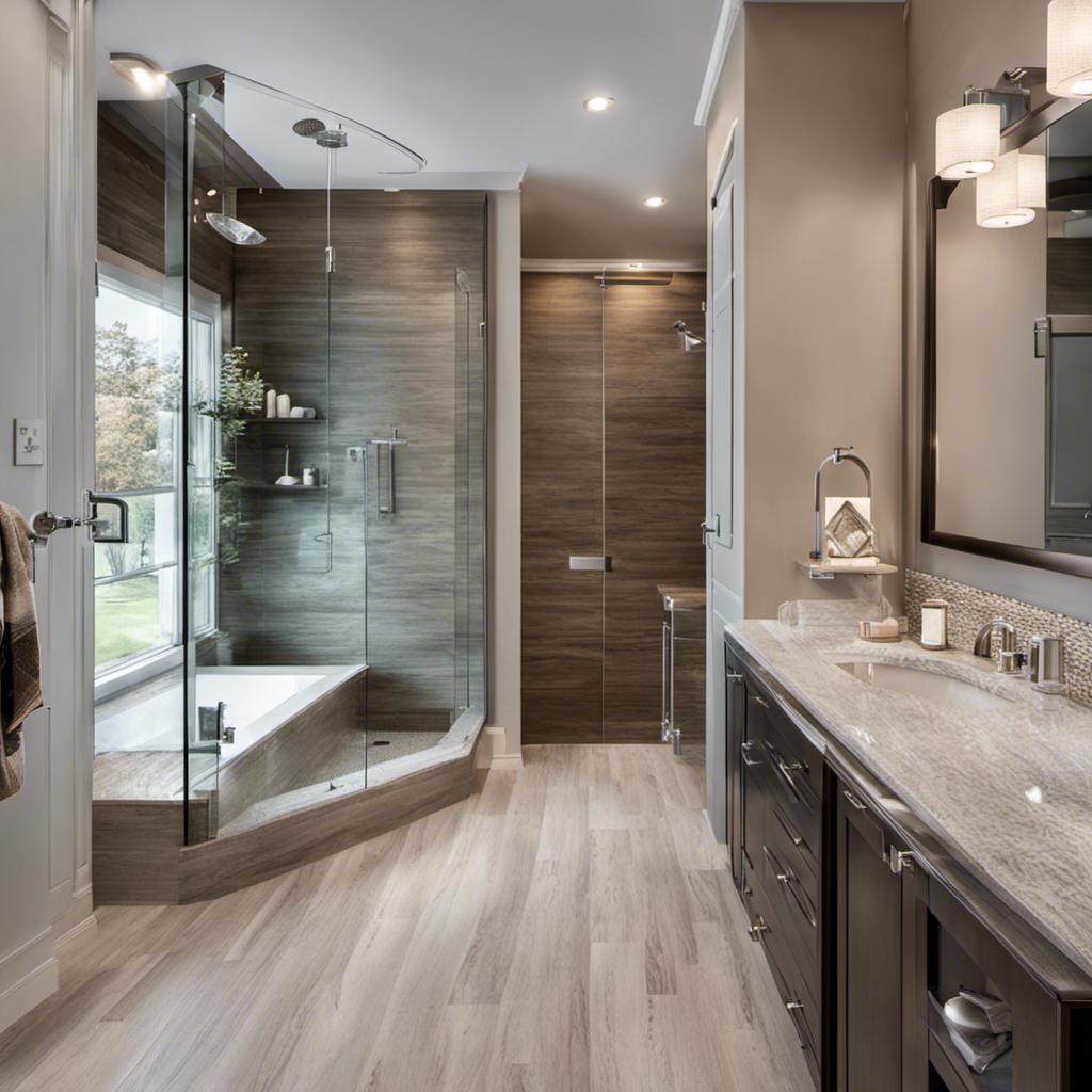 An image showcasing a spacious, modern bathroom with a sleek walk-in shower, featuring a frameless glass enclosure, luxurious rainfall showerhead, mosaic tile accents, and adjustable grab bars for accessibility