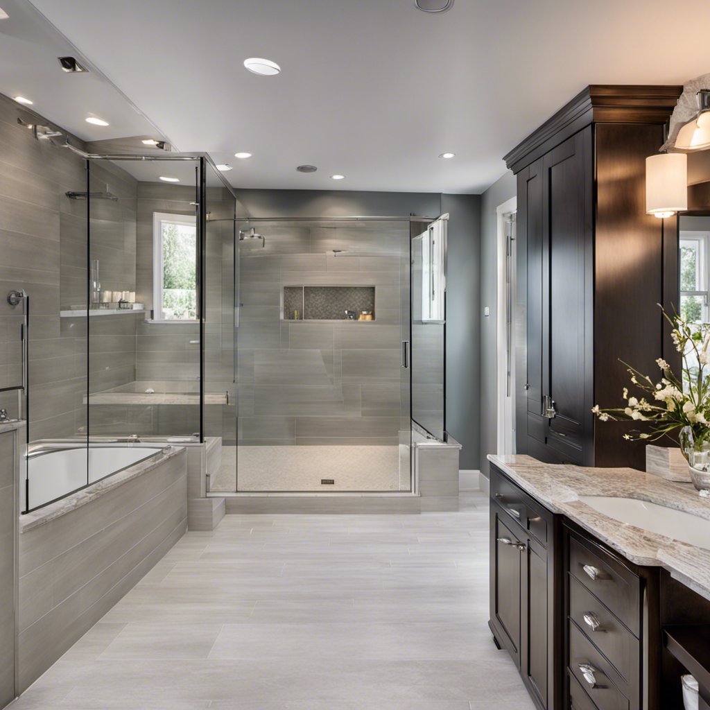 An image showcasing a spacious, modern bathroom renovation
