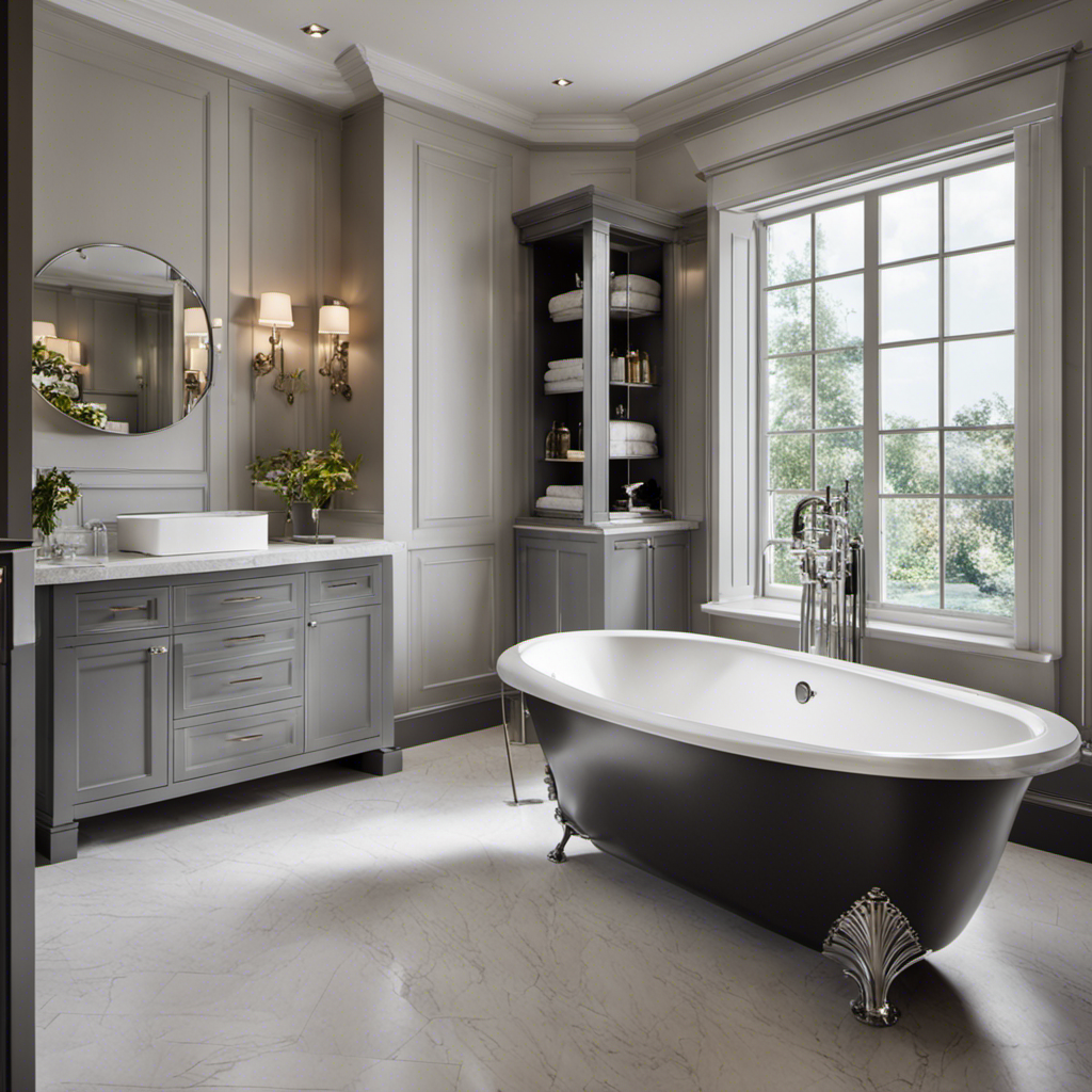 An image showcasing a skilled plumber meticulously installing a luxurious freestanding bathtub in a beautifully tiled bathroom, with tools, pipes, and fittings neatly arranged nearby