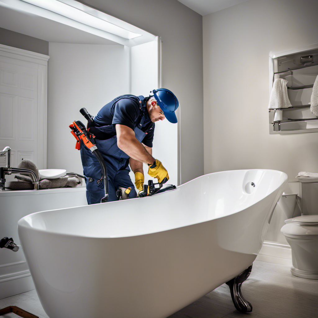 An image showcasing a professional plumber wearing protective gear, skillfully installing a brand-new, gleaming white bathtub in a modern bathroom