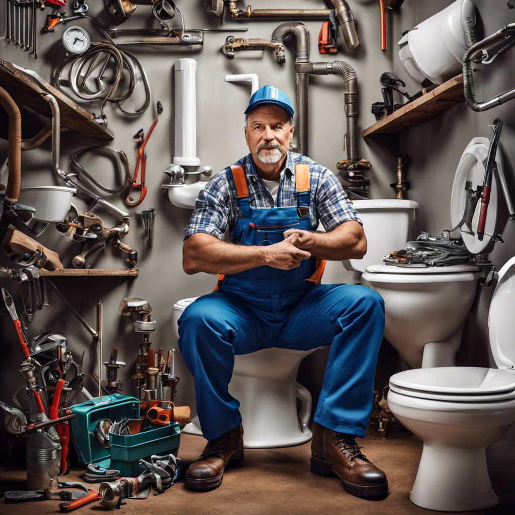 An image showcasing a professional plumber wearing overalls, kneeling next to a pristine white toilet, surrounded by various tools like wrenches, pipes, and a toolbox, ready to install a new toilet