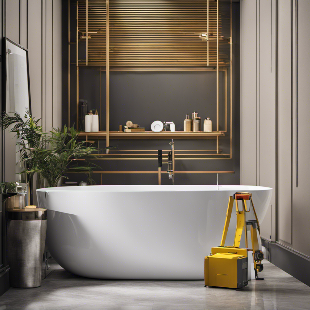 An image showcasing a bathroom renovation scene with a professional plumber measuring the dimensions of a sleek, modern bathtub