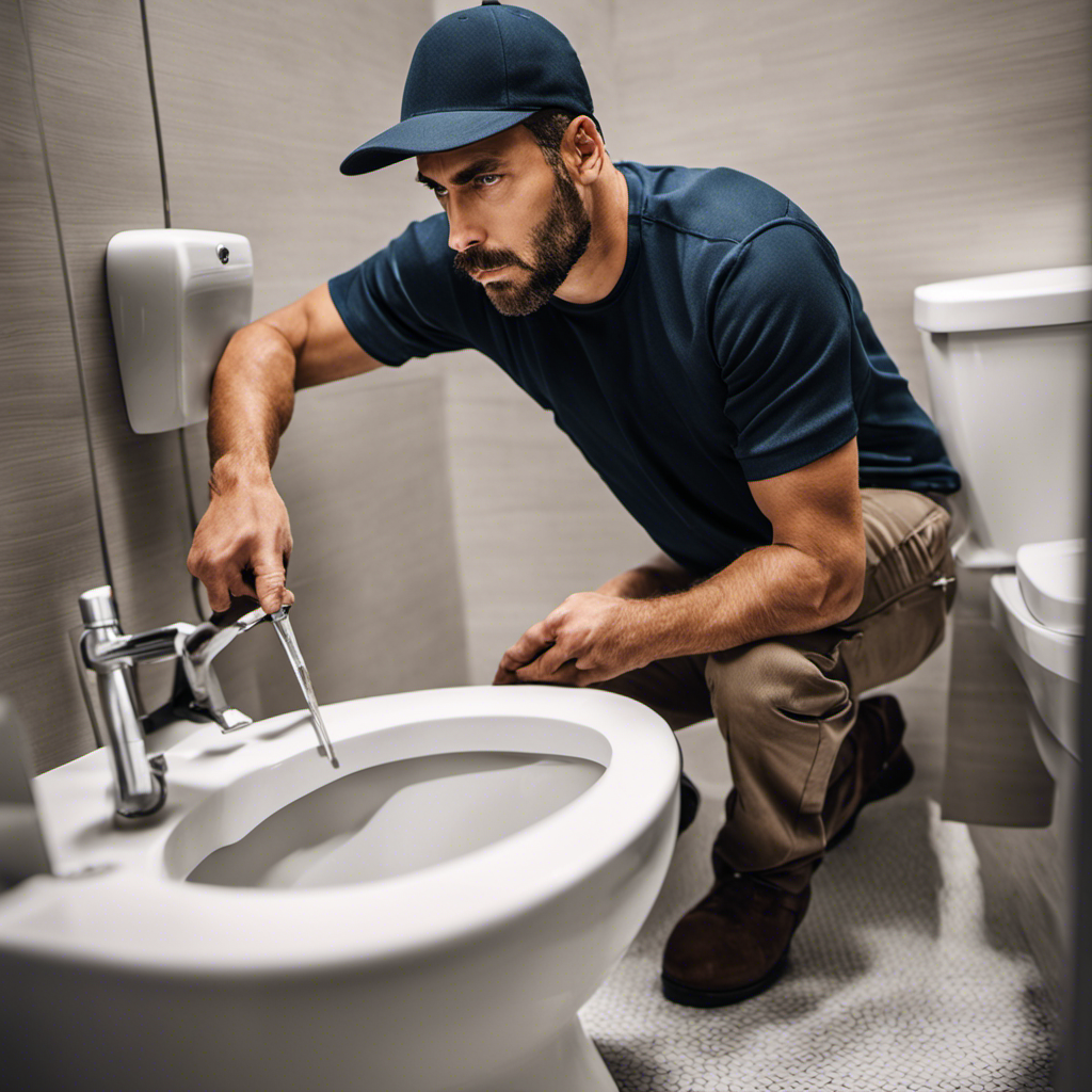 An image showcasing a professional plumber diligently installing a sleek, modern toilet in a pristine bathroom