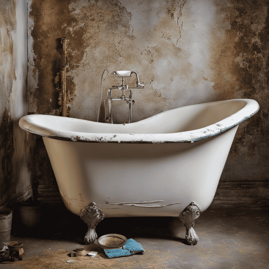 An image showcasing a worn-out bathtub, its surface chipped and discolored