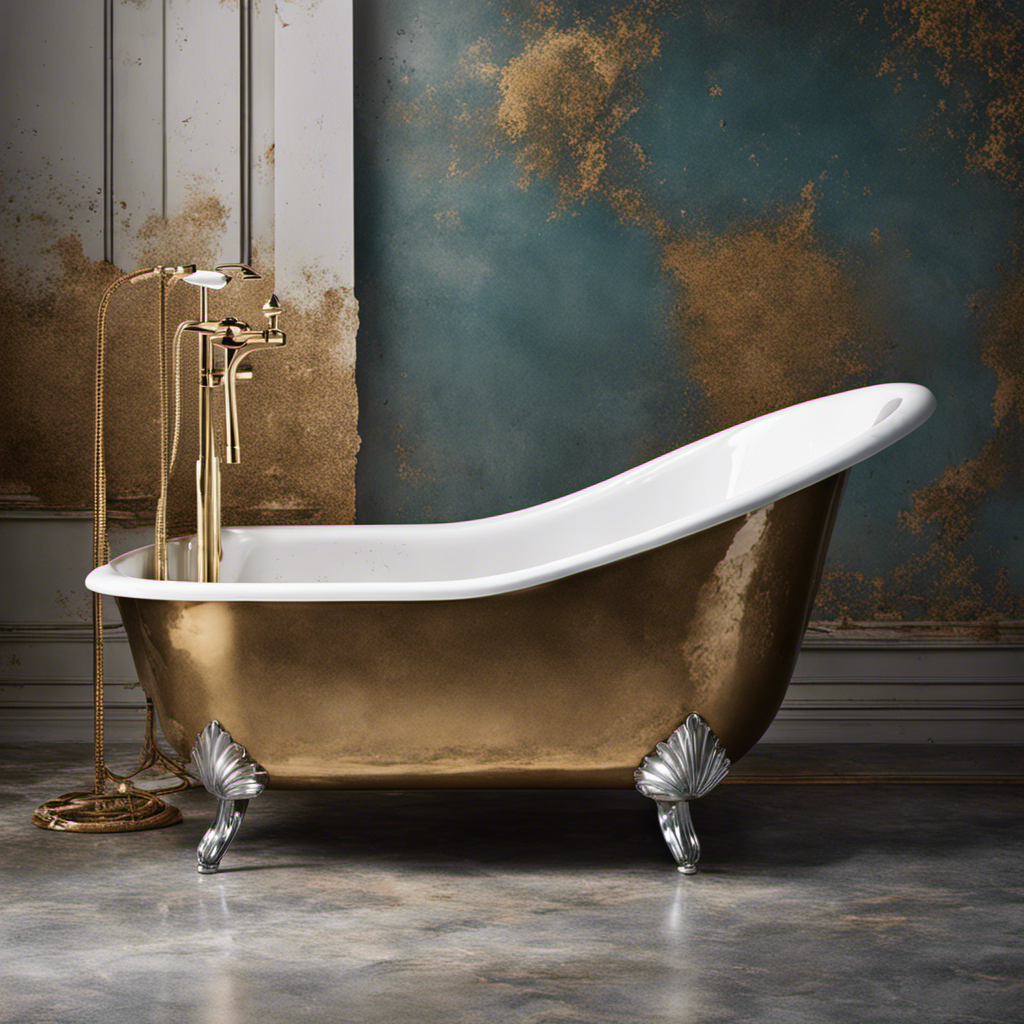 An image showcasing a worn-out bathtub with peeling, discolored enamel