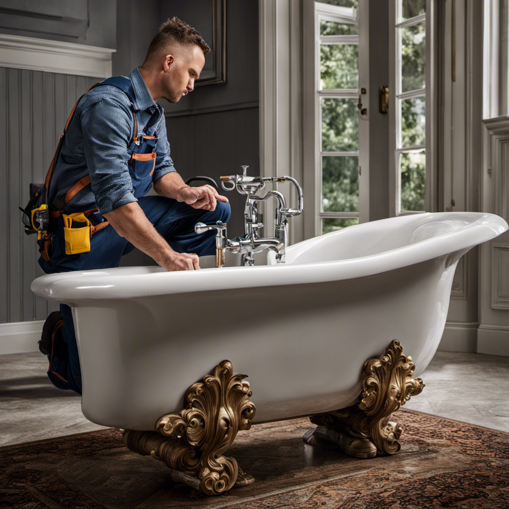 An image that showcases a professional plumber carefully dismantling a bathtub with precision tools, revealing the exposed plumbing beneath