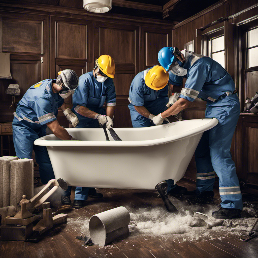 An image showcasing a team of skilled professionals wearing protective gear, carefully dismantling a bathtub in a bathroom, with tools such as a sledgehammer, crowbar, and a wrench, as debris and dust fill the air
