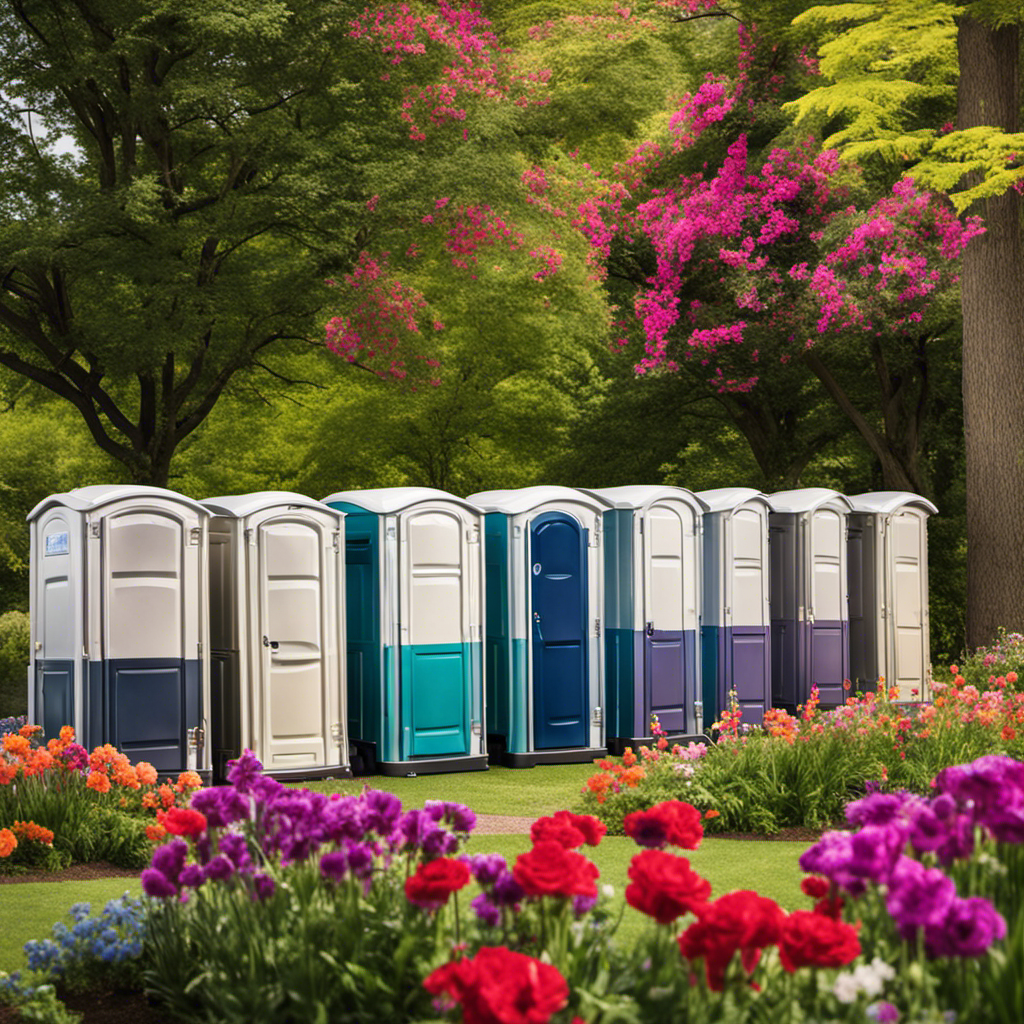An image showcasing a vibrant outdoor event scene with a row of impeccably maintained portable toilets, adorned with colorful floral arrangements and offering convenient accessibility features