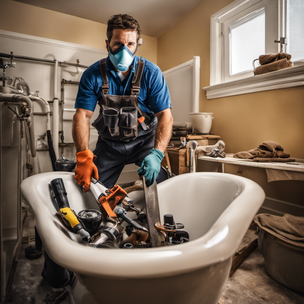 An image that showcases a professional plumber wearing protective gear in a brightly lit bathroom