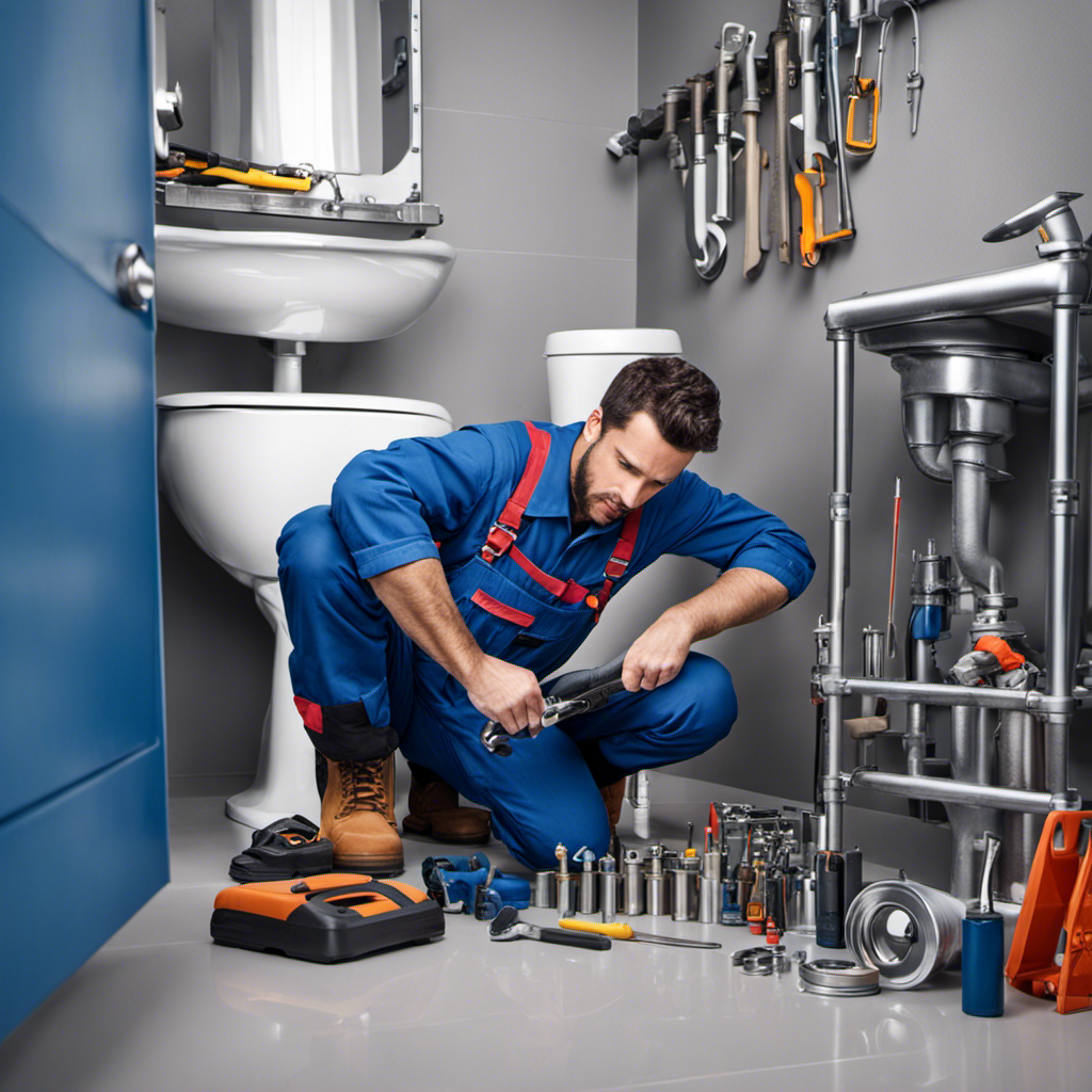 An image showcasing a professional plumber wearing blue overalls, kneeling beside a modern toilet, surrounded by various tools like wrenches, screwdrivers, and a wrench, highlighting the process and cost of toilet replacement
