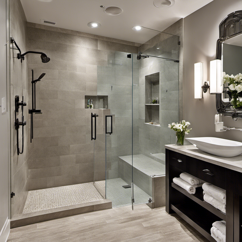 An image depicting a spacious bathroom with a modern, sleek shower in place of a traditional bathtub