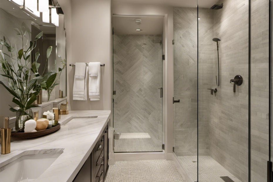 An image showcasing a spacious bathroom with a luxurious walk-in shower, featuring sleek glass doors, elegant mosaic tiles, a rainfall showerhead, and a built-in bench, inviting readers to explore the benefits of replacing a bathtub with a modern shower