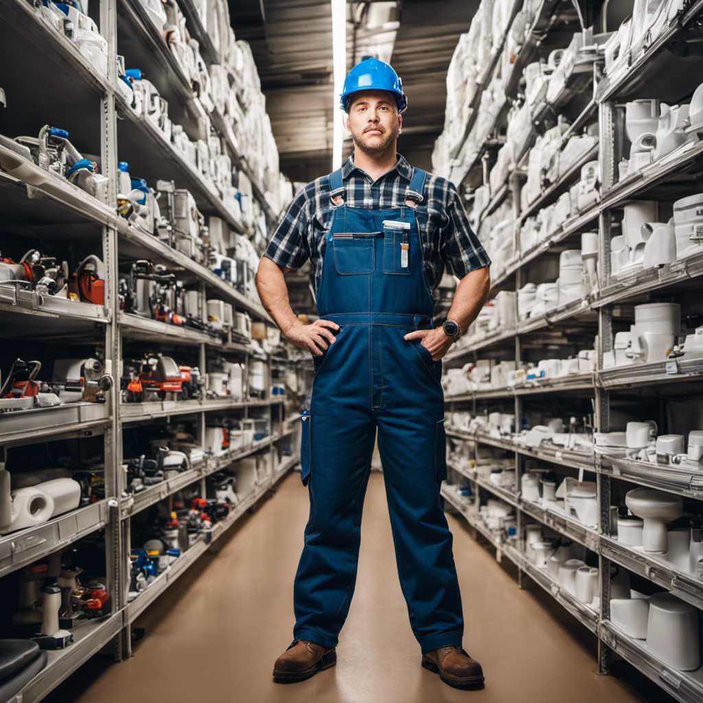 An image showcasing a professional plumber wearing overalls and holding a wrench, standing next to a modern toilet with a price tag attached, surrounded by a variety of toilet replacement options in a hardware store aisle