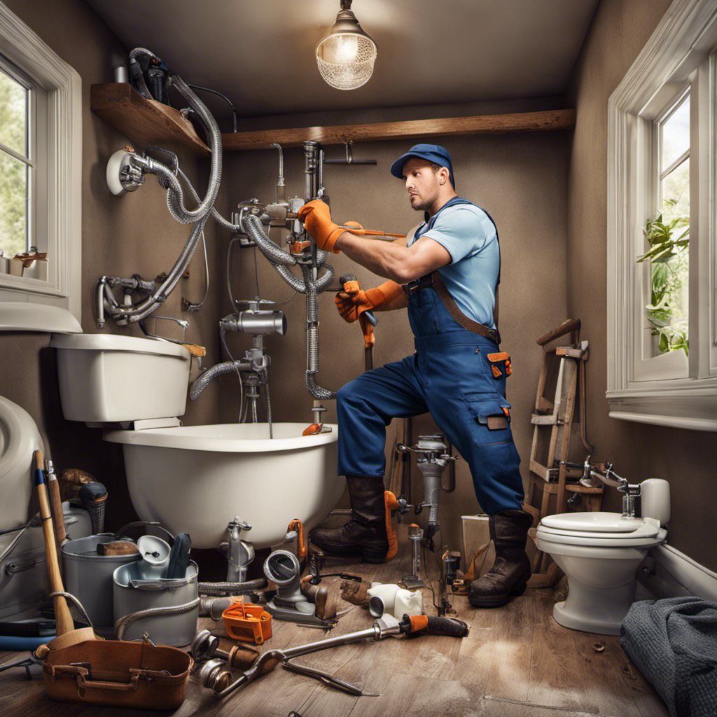 An image showcasing a professional plumber in action, skillfully using various specialized tools like a drain snake or plunger, surrounded by a cluttered bathroom with a clogged bathtub and overflowing water