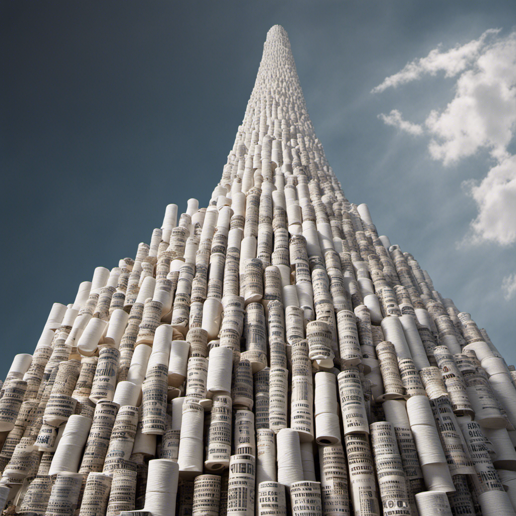 An image showcasing a mountainous stack of toilet paper rolls, reaching the height of a skyscraper, with the number "365" subtly incorporated, symbolizing the staggering amount used in a year