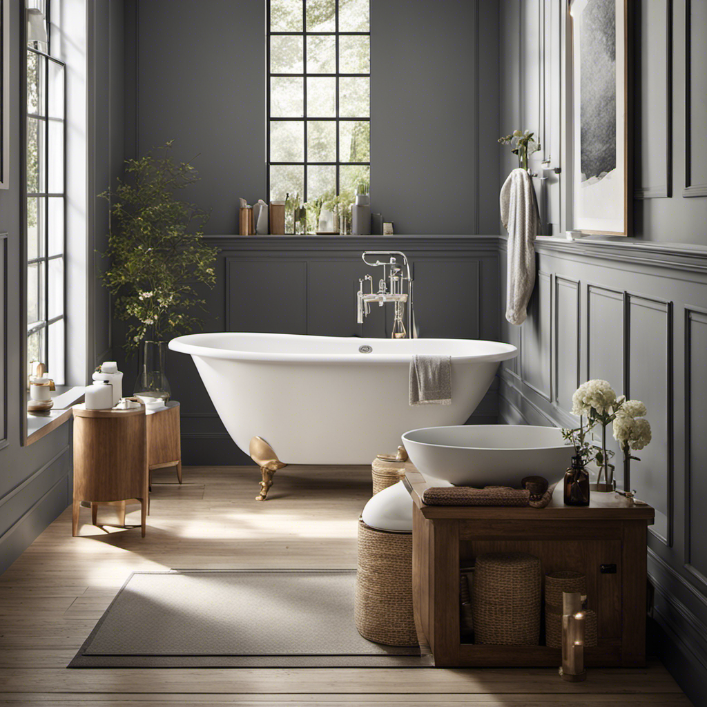 An image showcasing a serene bathroom scene with a filled bathtub, revealing water-saving techniques such as a closed drain plug, a bucket collecting excess water, and a timer to encourage shorter baths