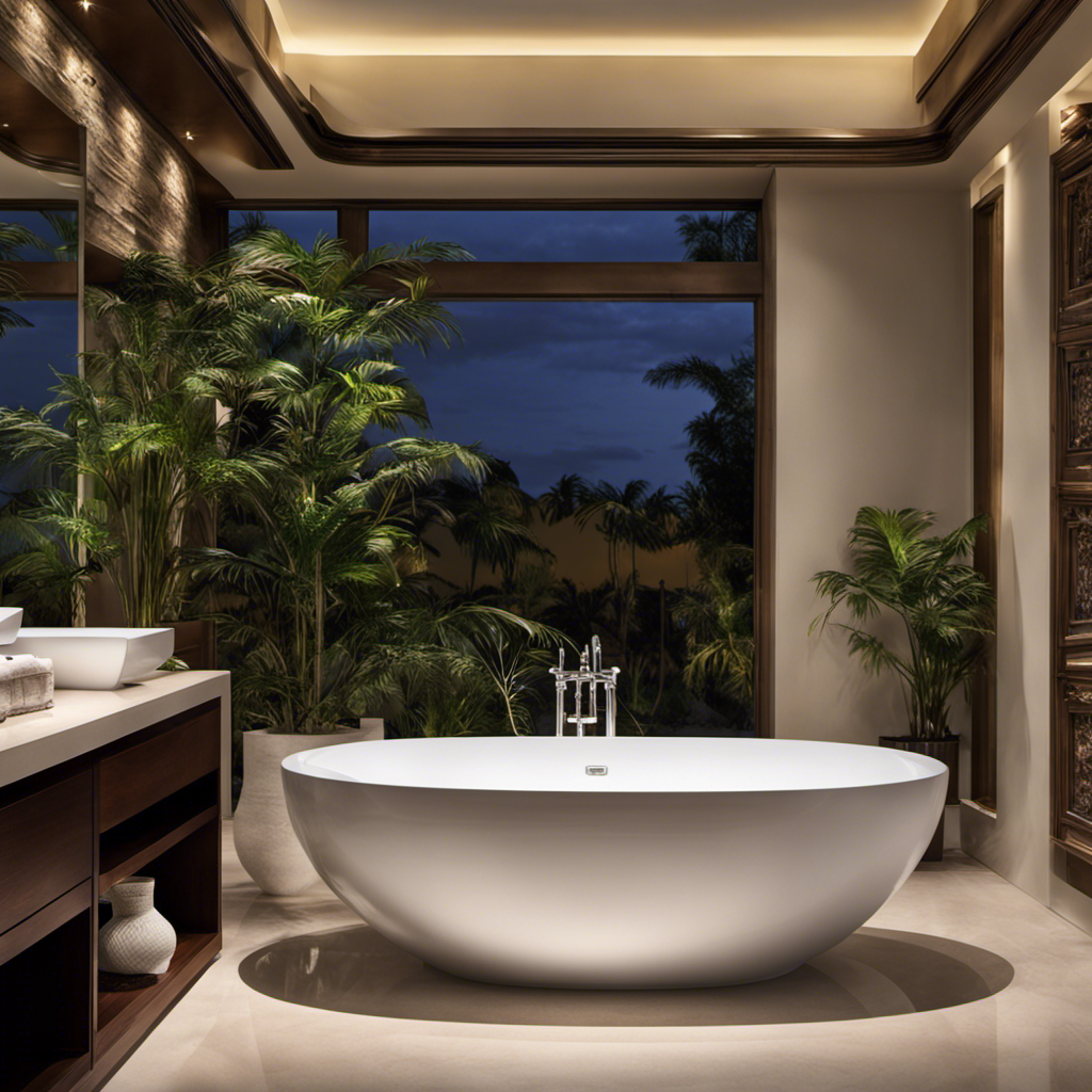 An image showcasing a spacious, pristine white porcelain bathtub brimming with crystal-clear water, reflecting the warm glow of ambient lighting