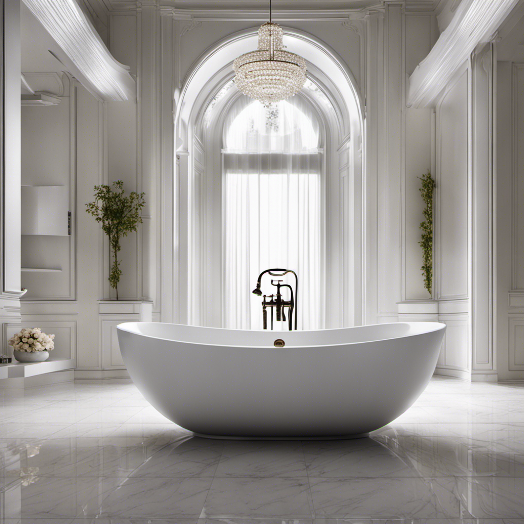 An image showcasing the average water capacity of bathtubs by depicting a spacious, white porcelain bathtub filled to the brim with crystal-clear water, reflecting the surrounding bathroom tiles, faucets, and a fluffy, wet towel draped over the edge