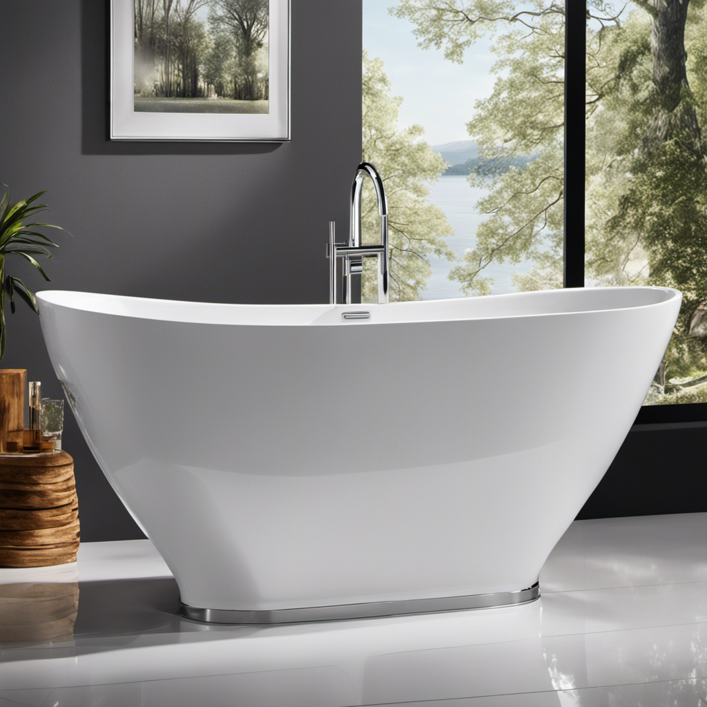 An image showcasing a standard bathtub filled with crystal-clear water, capturing the curved porcelain edges, the gleaming faucet pouring a steady stream, and the water level reaching halfway up the tub's side