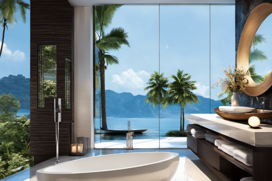 An image showcasing a modern bathtub with sleek curves, filled to the brim with crystal-clear water
