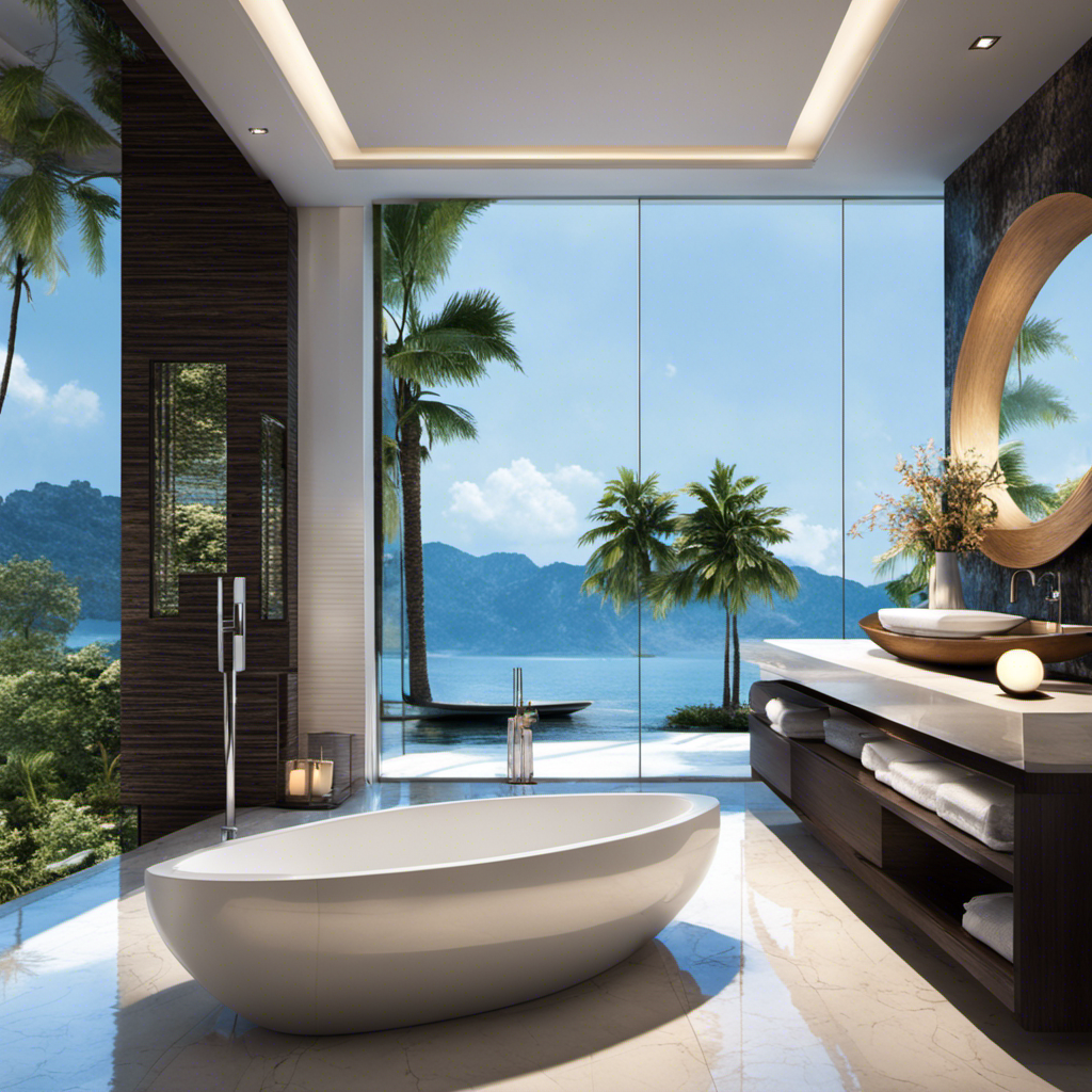 An image showcasing a modern bathtub with sleek curves, filled to the brim with crystal-clear water