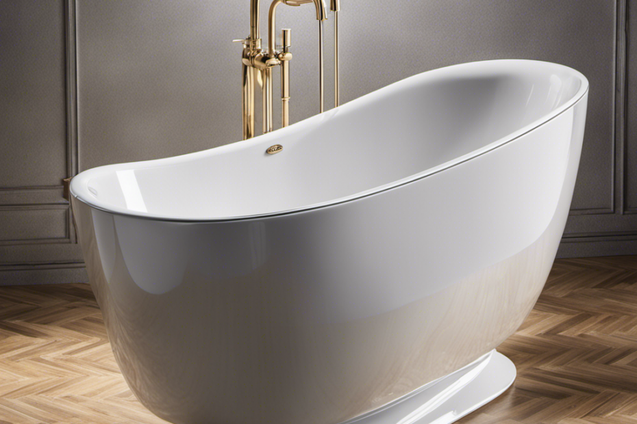 An image showcasing an overflowing bathtub, adorned with shimmering droplets cascading down the glossy porcelain surface, capturing the exact amount of water required to fill it to the brim