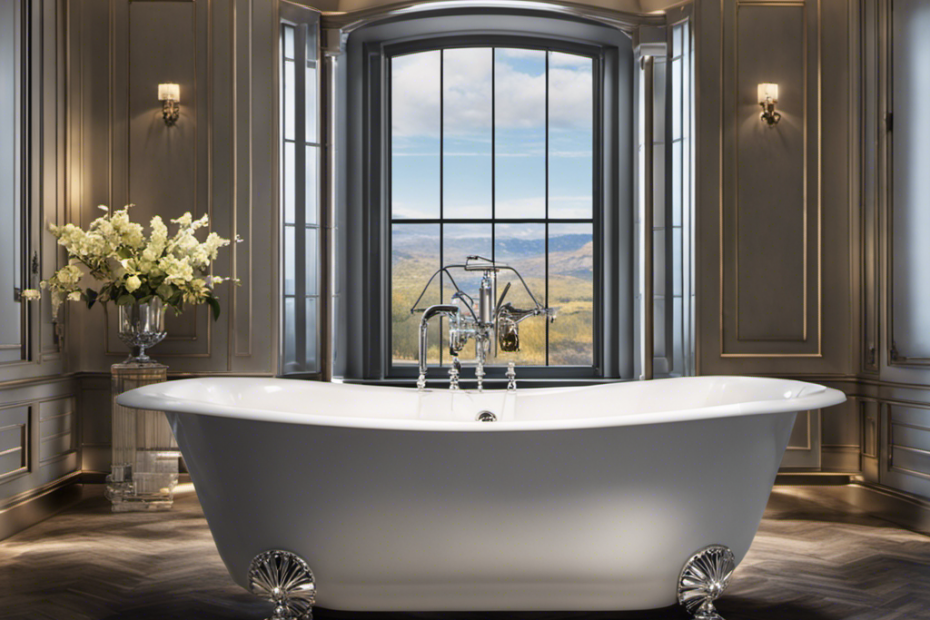 An image that showcases a classic porcelain bathtub, filled to the brim with crystal-clear water, reflecting the soft glow of sunlight streaming through a nearby window