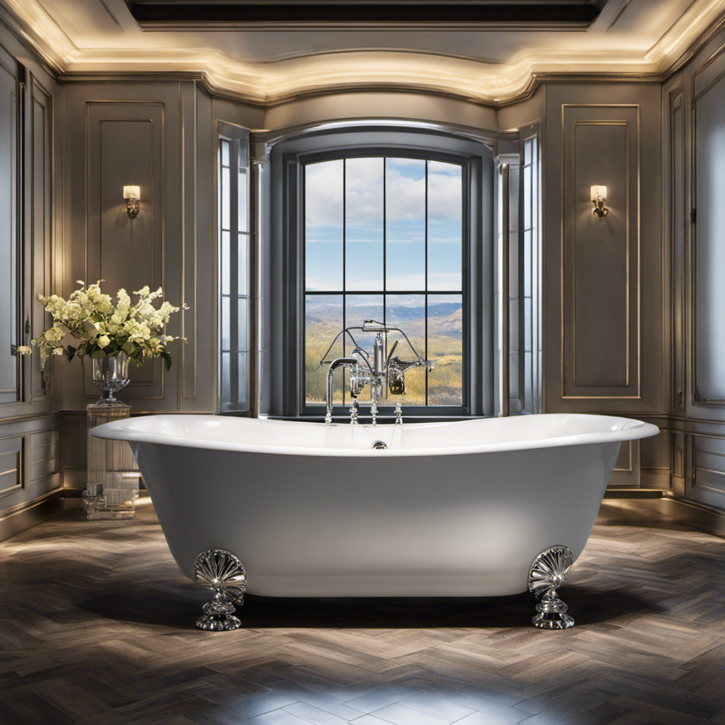 An image that showcases a classic porcelain bathtub, filled to the brim with crystal-clear water, reflecting the soft glow of sunlight streaming through a nearby window