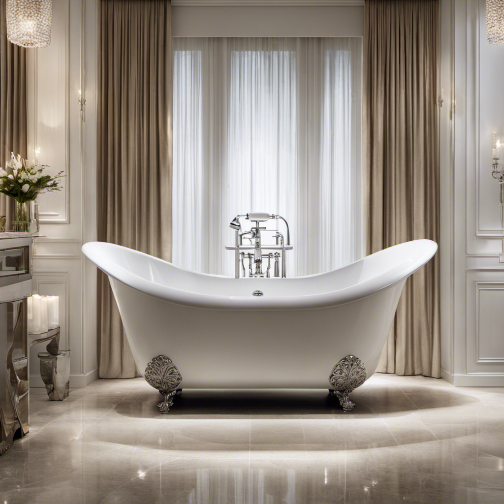 An image capturing a spacious white bathtub brimming with crystal-clear water, gently reflecting the surrounding bathroom tiles