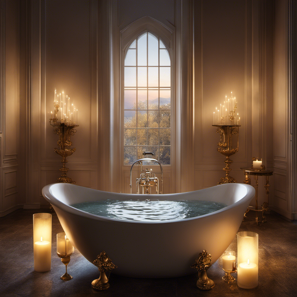 An image capturing the serene scene of a bathtub filled with clear, warm water, with delicate bubbles gently floating on the surface, reflecting the soft glow of candlelight dancing around the room