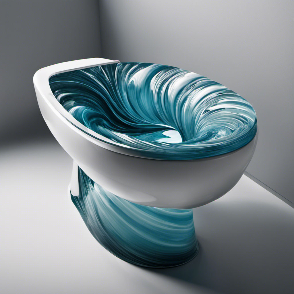 An image depicting a close-up view of a toilet bowl filled with clear water, showcasing the swirling motion caused by a powerful flush, emphasizing the force and volume of water used in the process